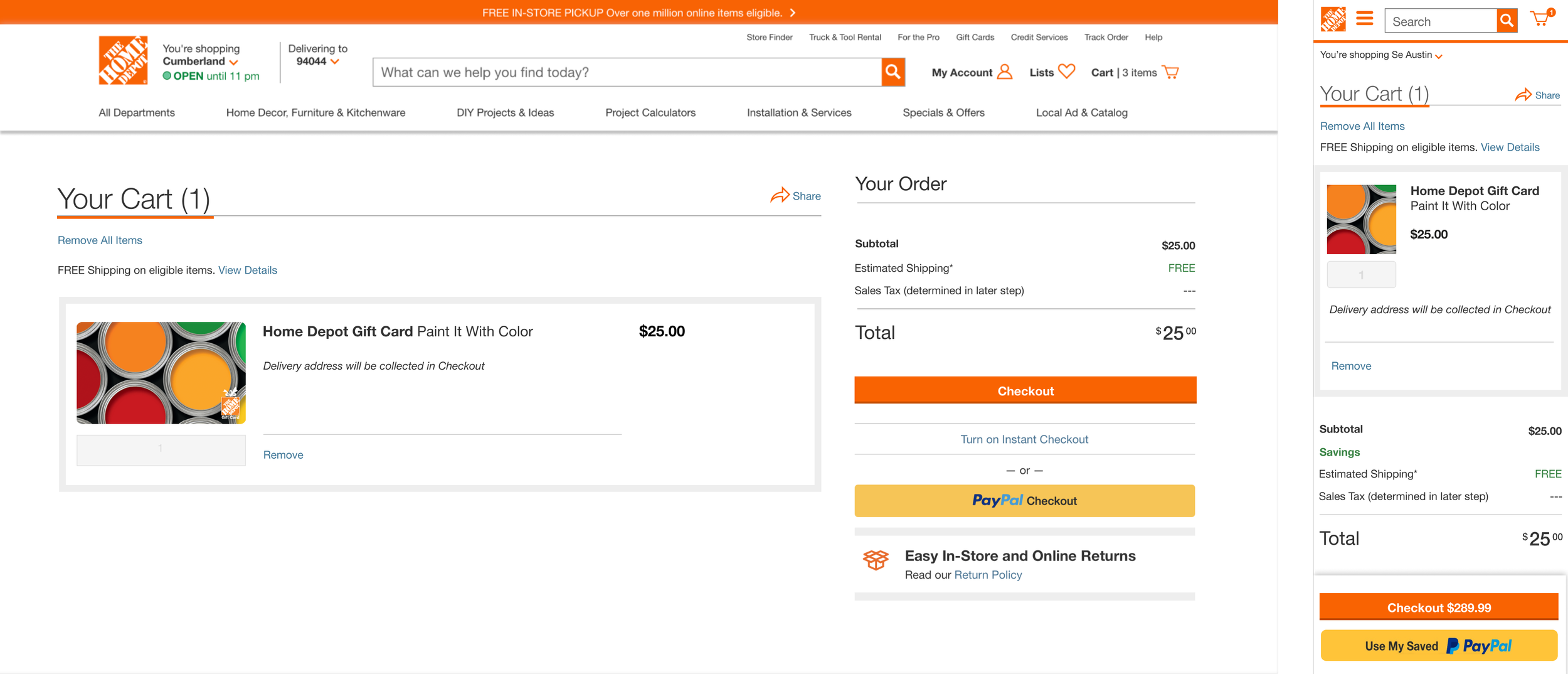Gift card in cart