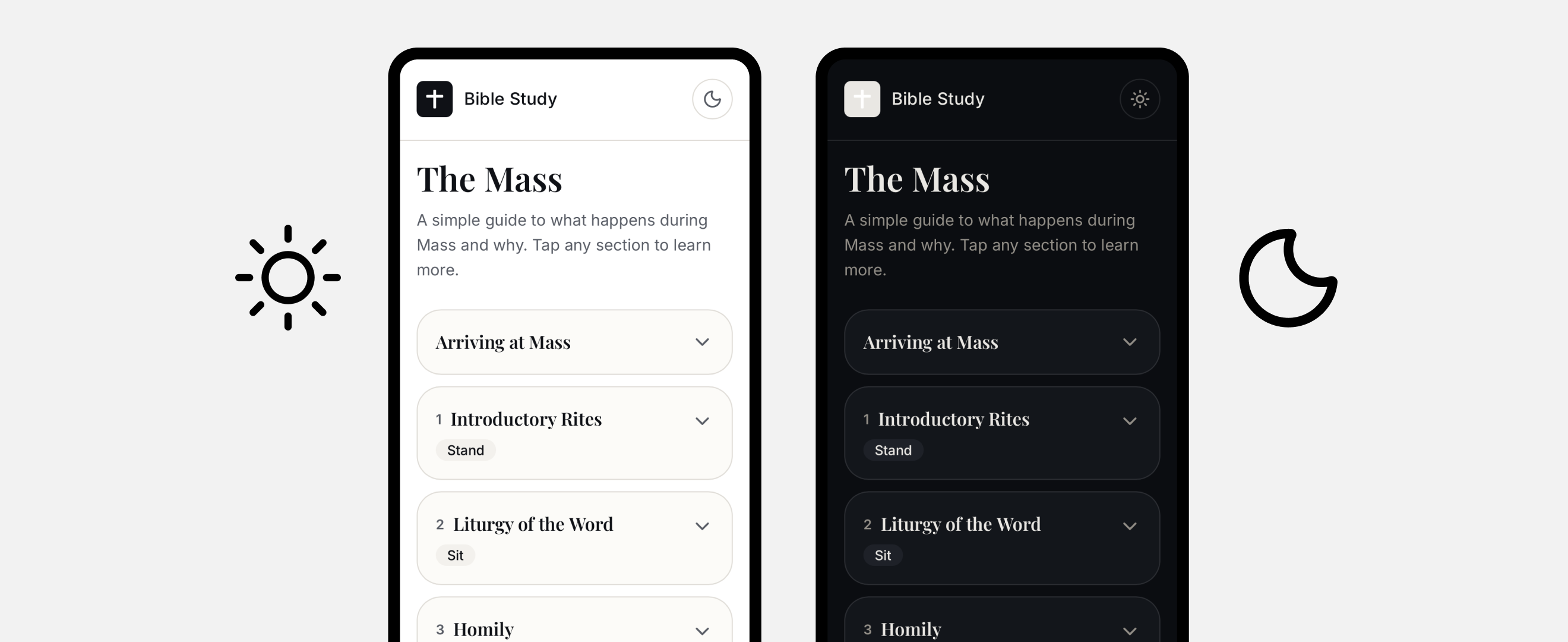 Bible Study app showing The Mass guide in light and dark mode