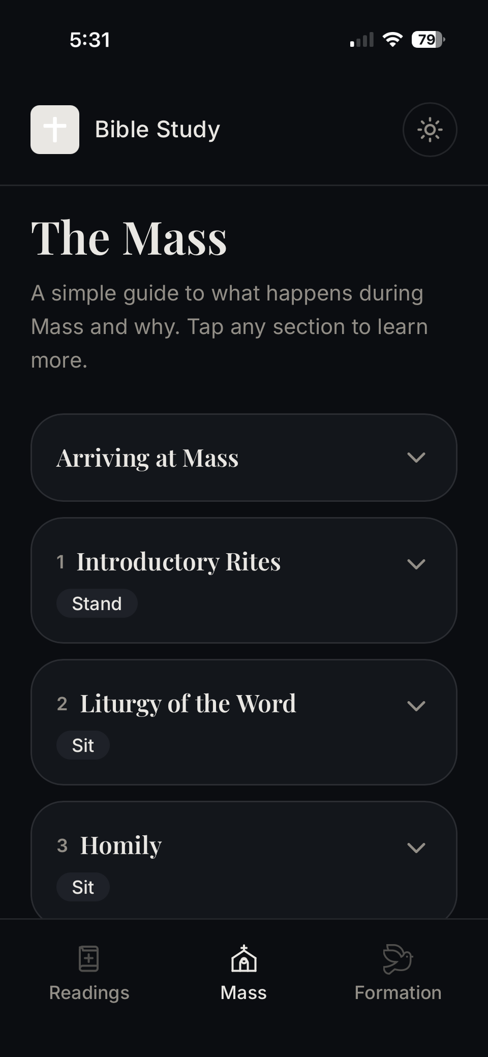 Mass schedule screen in dark mode