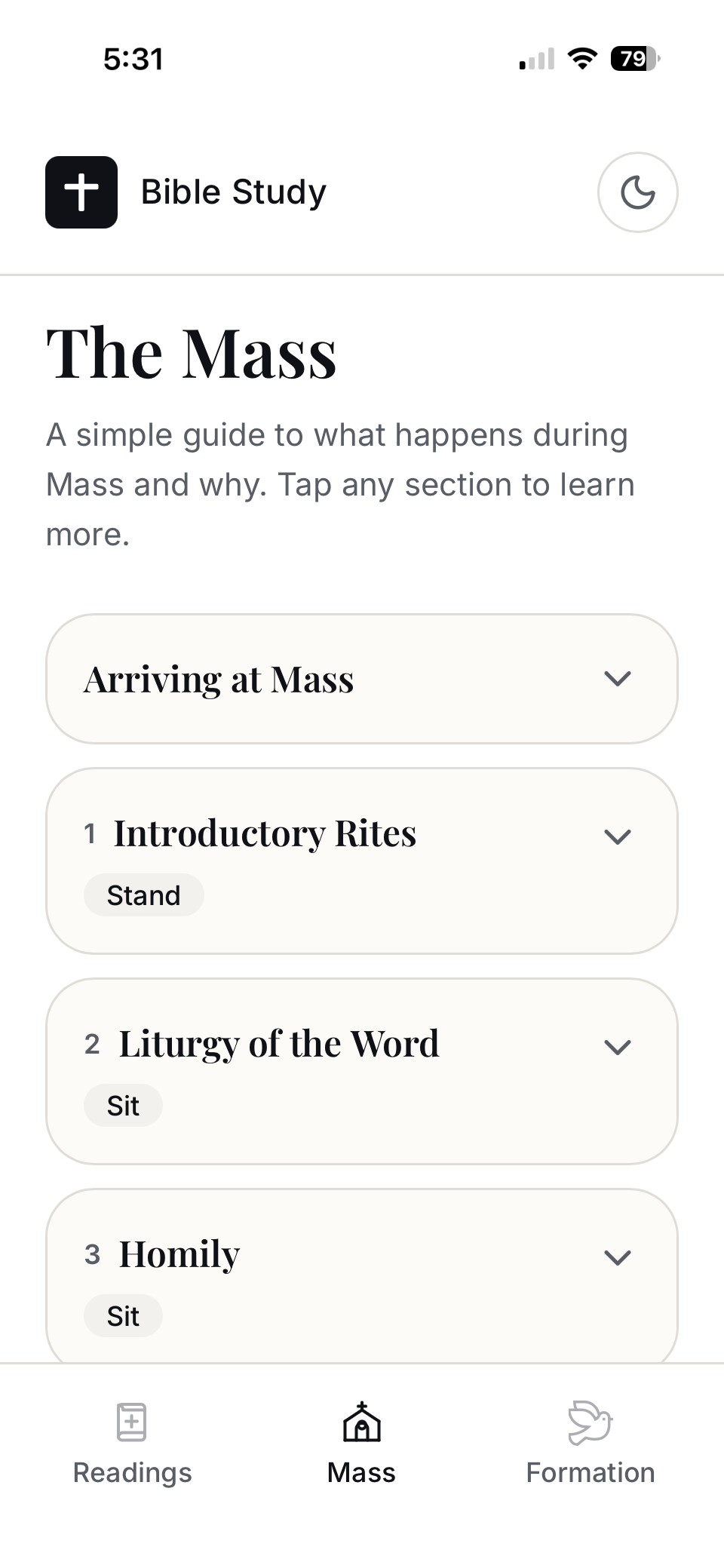 Mass schedule screen in light mode