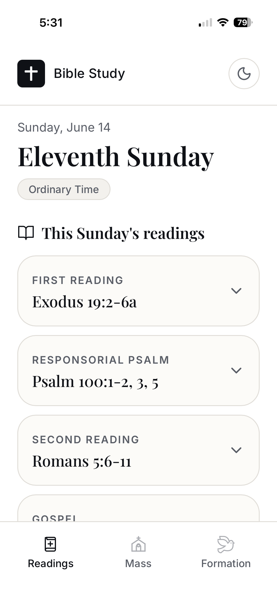 Weekly readings screen