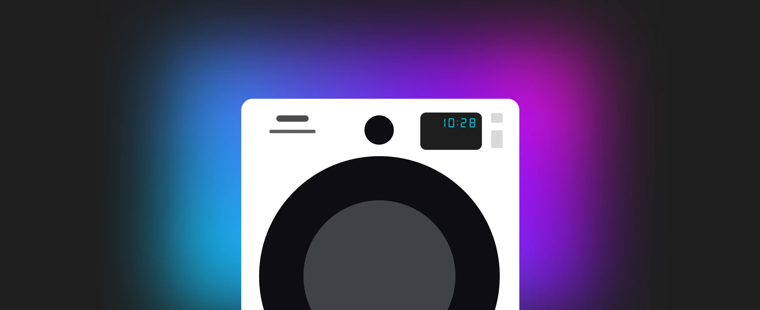 Illustrated washing machine with a glowing digital display reading 10:28, set against a dark background with a soft colorful glow