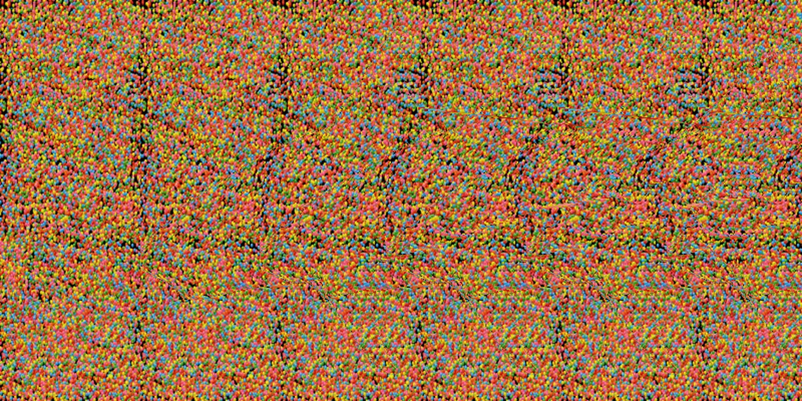 A colorful autostereogram with a hidden image encoded in repeating dot patterns