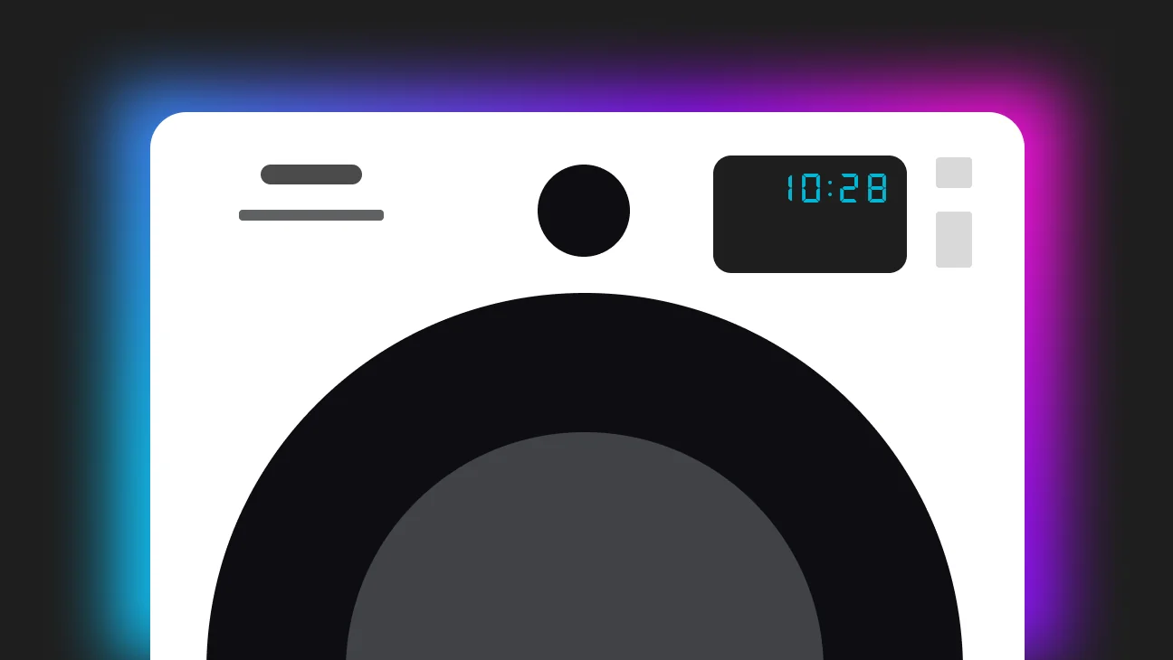 Illustrated washing machine with a glowing digital display reading 10:28, set against a dark background with a soft colorful glow
