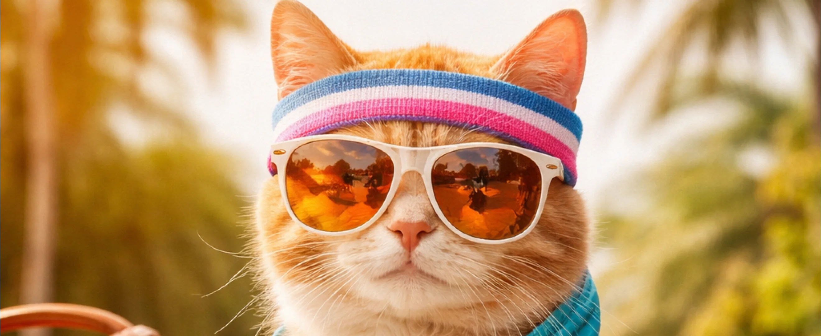 A cat in a retro tracksuit, headband, and sunglasses, ready for vacation