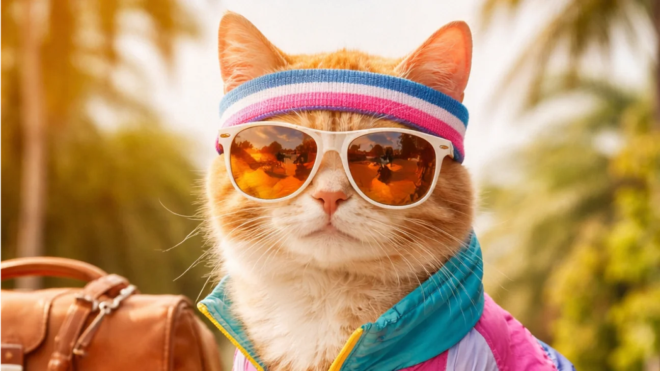A cat in a retro tracksuit, headband, and sunglasses, ready for vacation