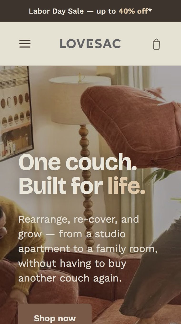 Redesigned Lovesac mobile hero reading 'One couch. Built for life.' — a single clean banner state with no toggle and no autoplaying media.