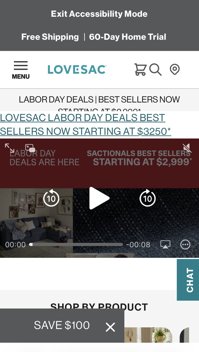 Lovesac.com mobile site with Accessibility Mode on, showing a duplicated, misaligned promo banner overlaid on an autoplaying video with sound and playback controls exposed.