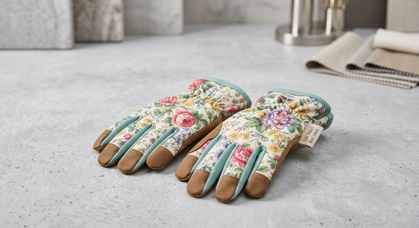 A pair of floral gardening gloves, size small — the actual compensation offered to Derick Cahill.