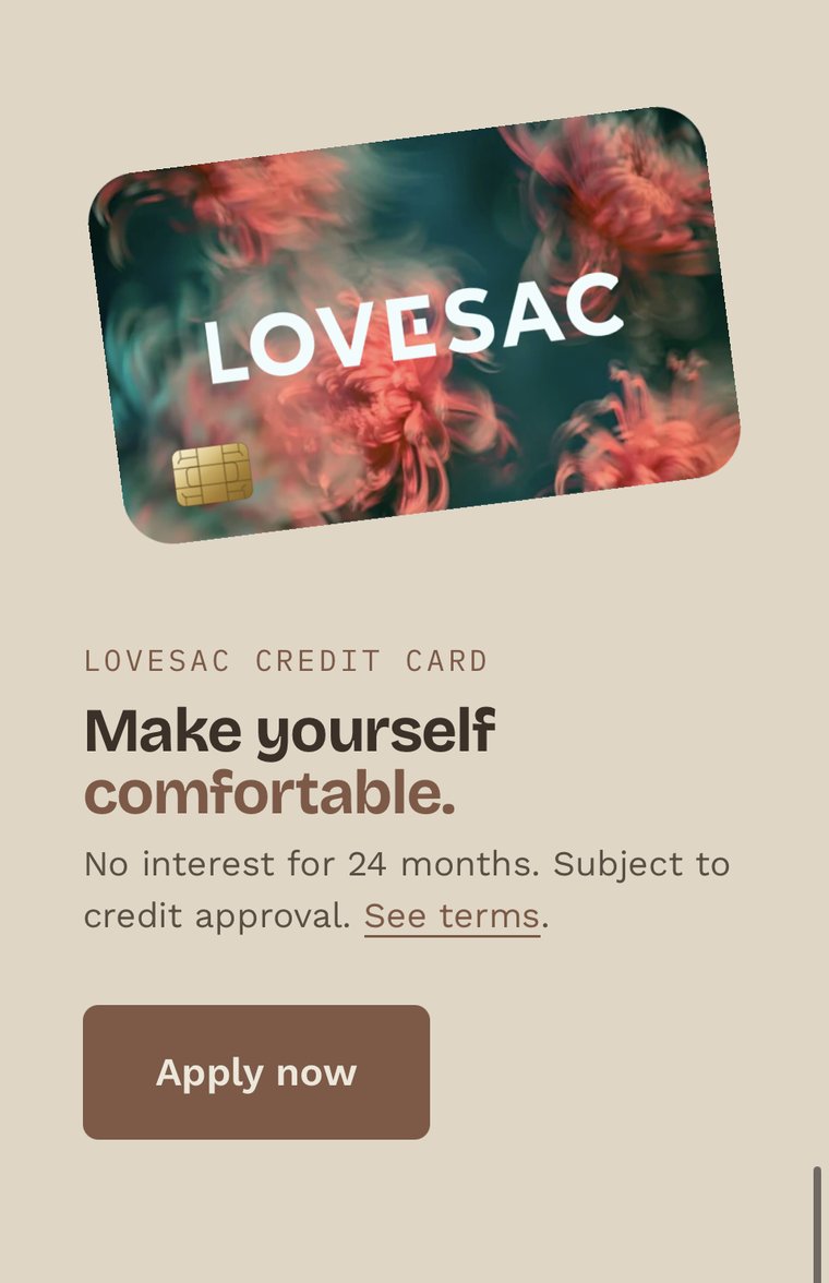 Redesigned Lovesac Credit Card band with a card image, the headline 'Make yourself comfortable,' financing terms, and an Apply now button.