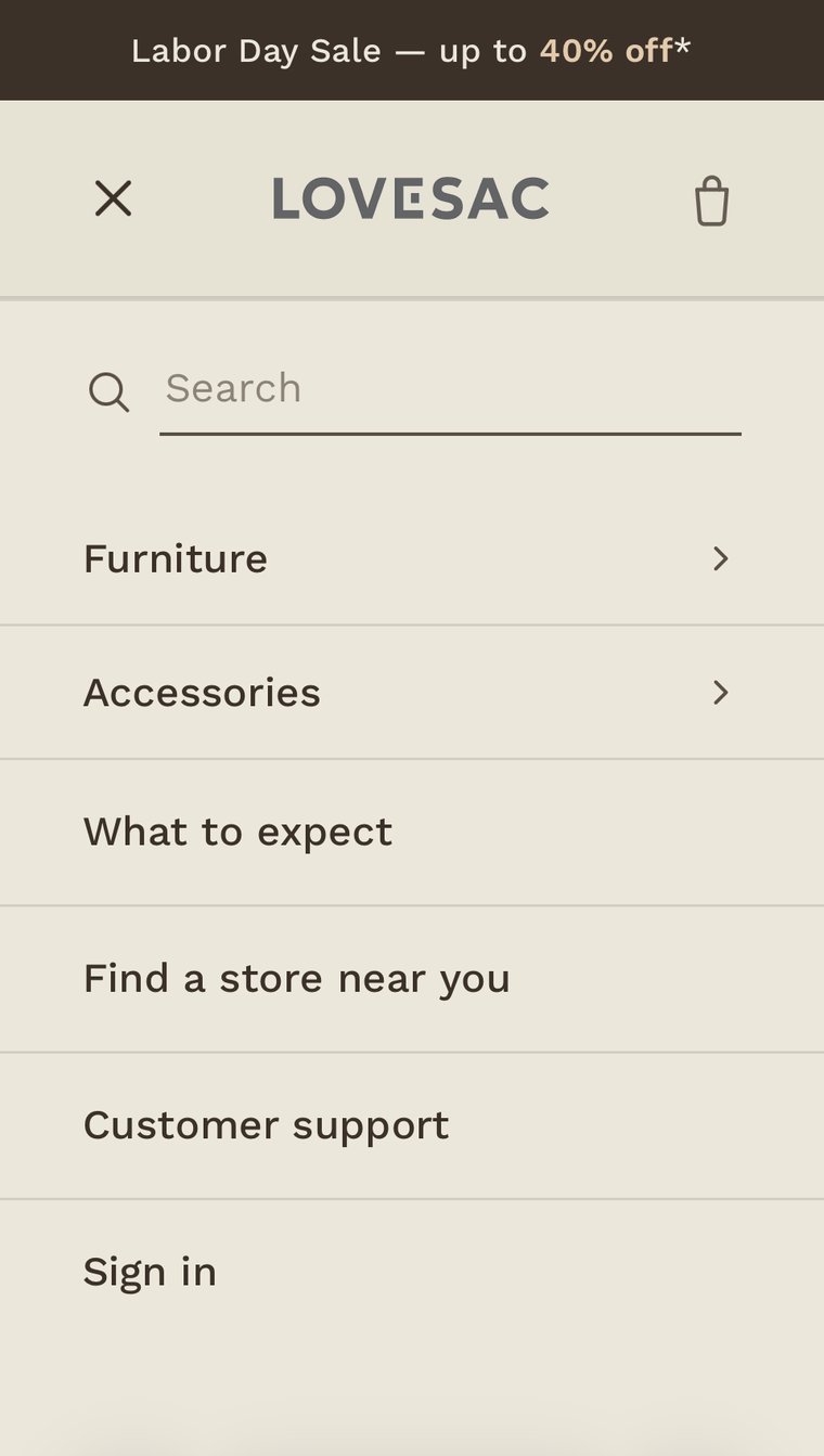 Redesigned Lovesac mobile menu: two top-level categories, Furniture and Accessories, plus direct links to What to expect, store locator, customer support, and sign in.