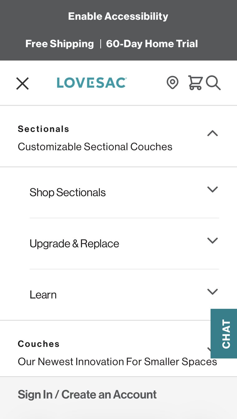 Original Lovesac mobile menu with Sectionals expanded inline, revealing Shop Sectionals, Upgrade & Replace, and Learn as more text rows with chevrons.