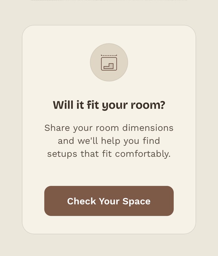Room Fit prompt card reading 'Will it fit your room?' with a Check Your Space button.