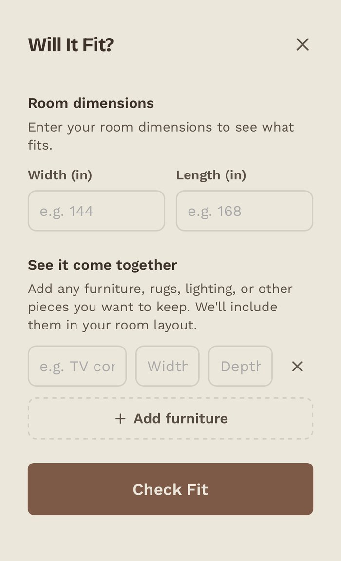 Room Fit expanded form asking for room width and length, with an option to add existing furniture and a Check Fit button.