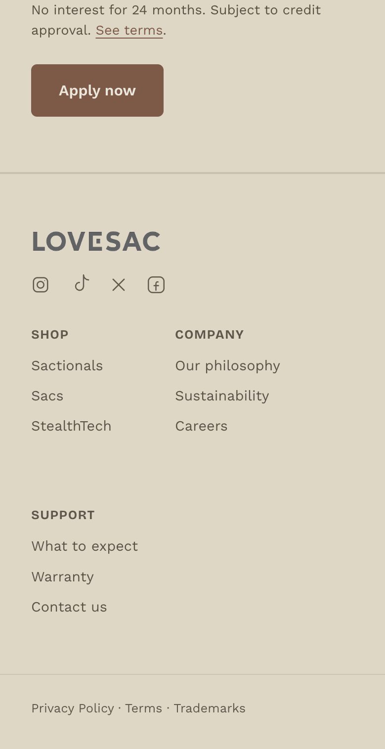 Redesigned mobile footer ending in a single legal row — Privacy Policy, Terms, and Trademarks — instead of a visible list of trademarked product names.