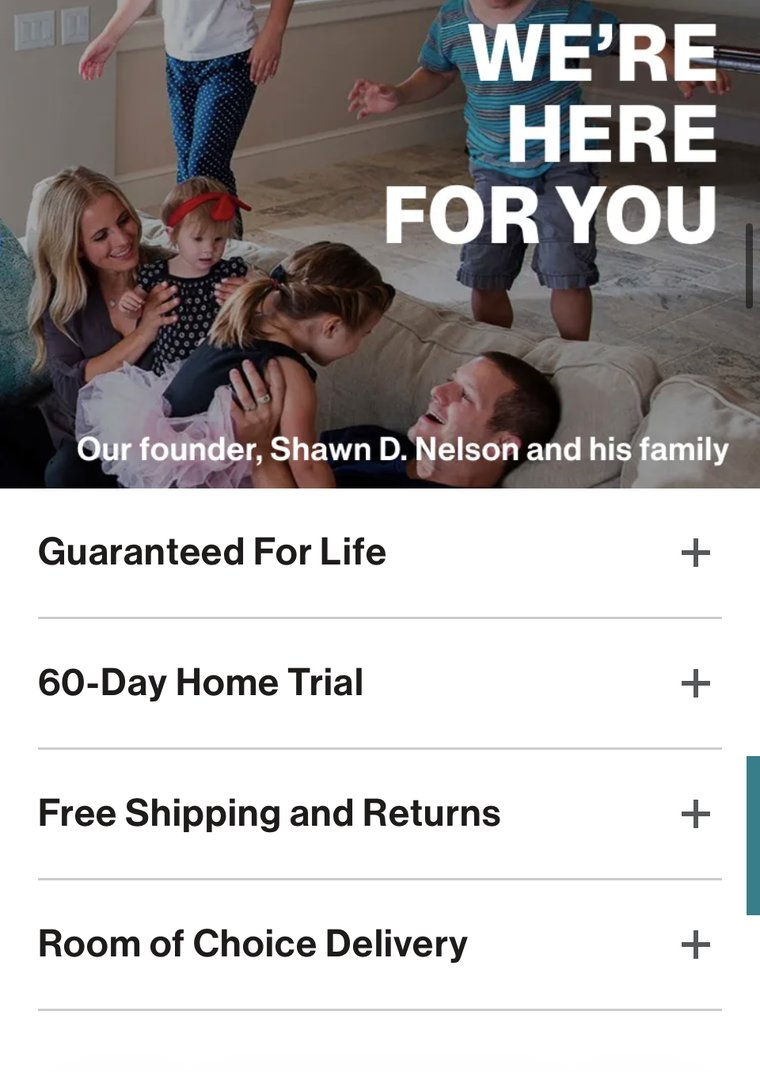 Lovesac.com Sactionals product page showing a founder-story photo followed by four collapsed accordion rows: Guaranteed For Life, 60-Day Home Trial, Free Shipping and Returns, and Room of Choice Delivery, each hidden behind a plus icon.