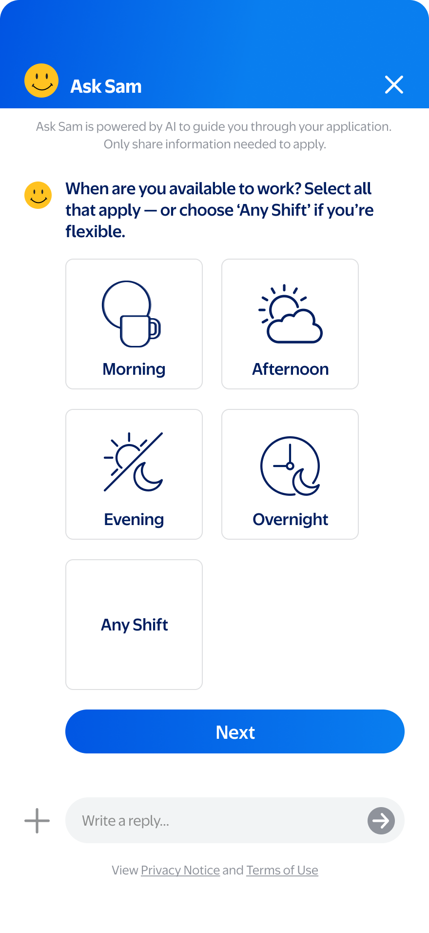 Ask Sam availability screen