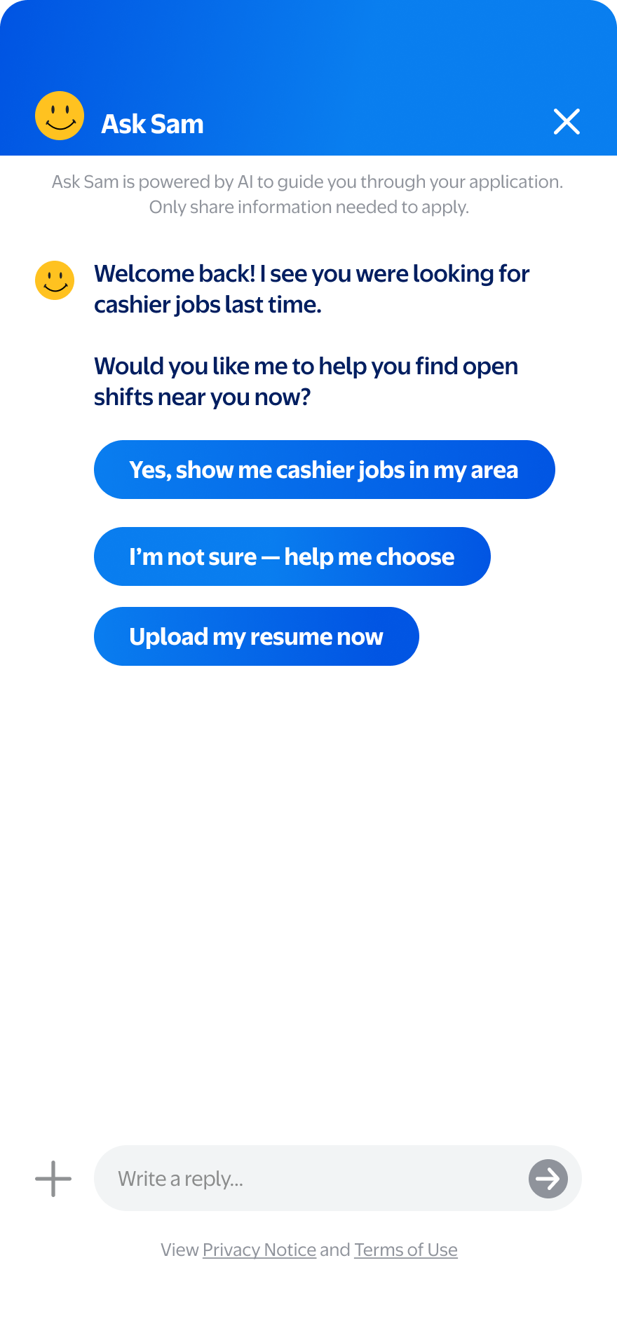 Ask Sam welcome screen
